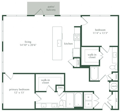 Floor plan for 2 beds, 2 baths, 1413 sqft